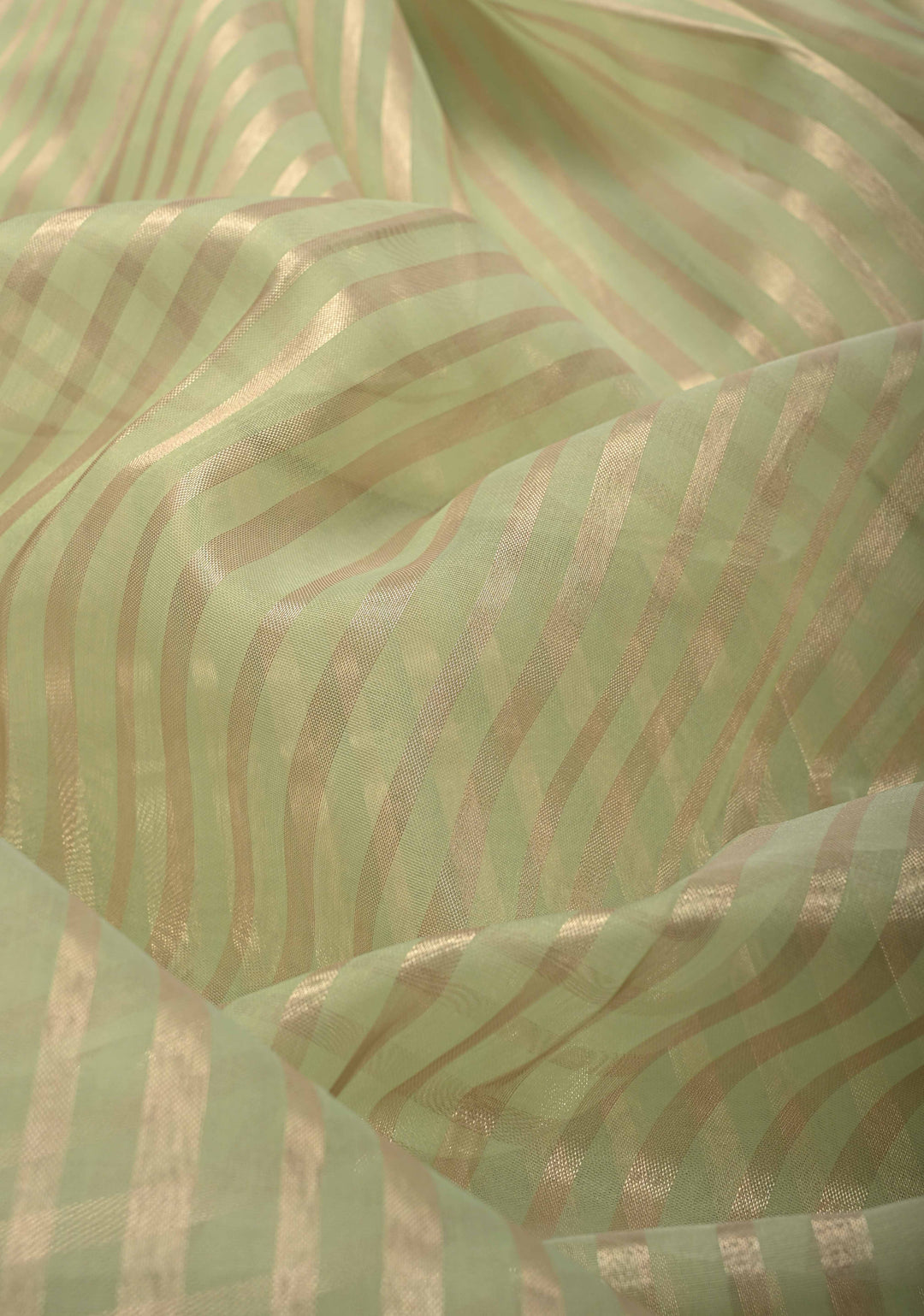 Lime Green Semi Kora Saree with Tissue Stripes and Minimal Zari Border