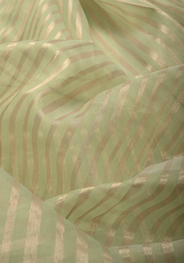 Lime Green Semi Kora Saree with Tissue Stripes and Minimal Zari Border