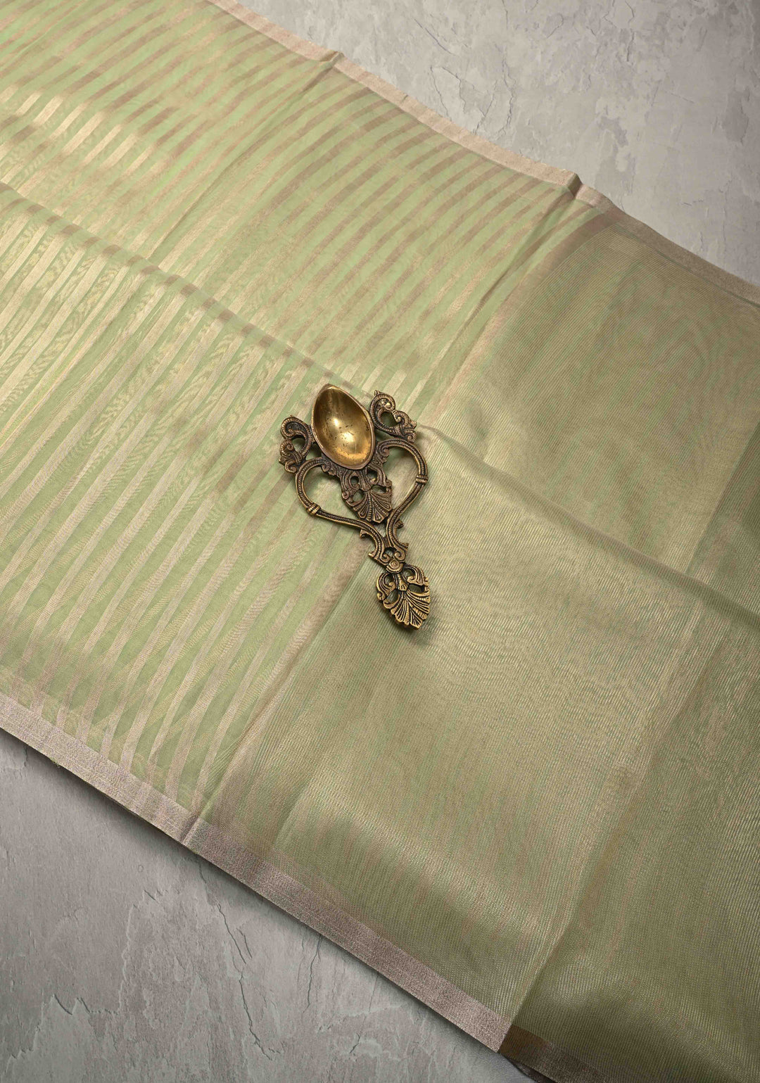 Lime Green Semi Kora Saree with Tissue Stripes and Minimal Zari Border