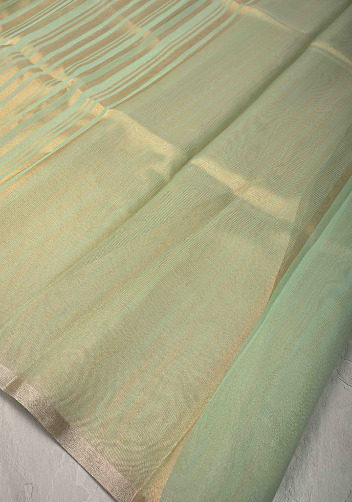 Dusty Pista Semi Kora Saree with Tissue Stripes and Minimal Zari Border