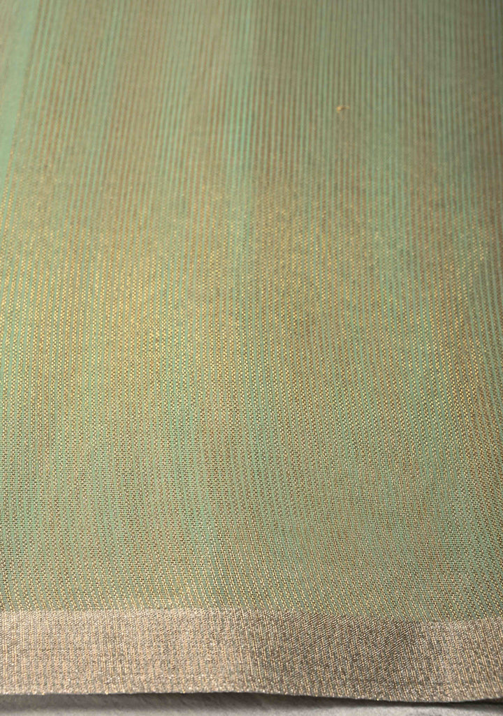 Dusty Pista Semi Kora Saree with Tissue Stripes and Minimal Zari Border