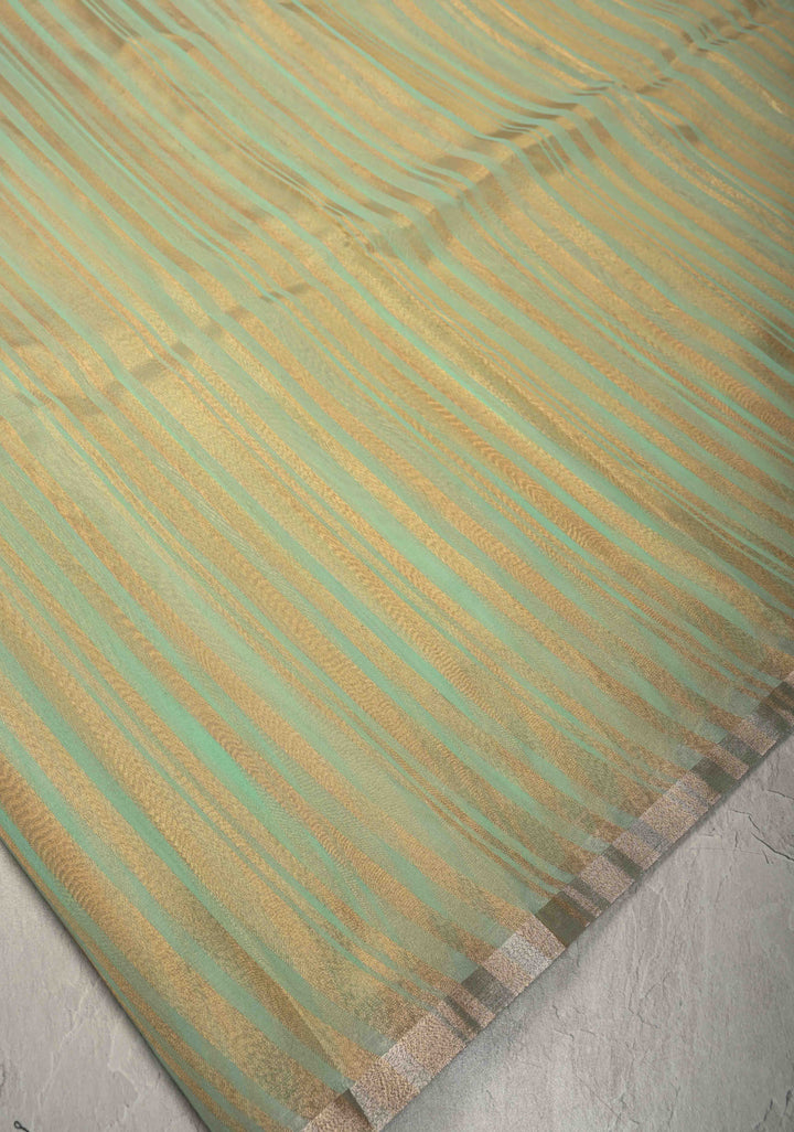 Dusty Pista Semi Kora Saree with Tissue Stripes and Minimal Zari Border