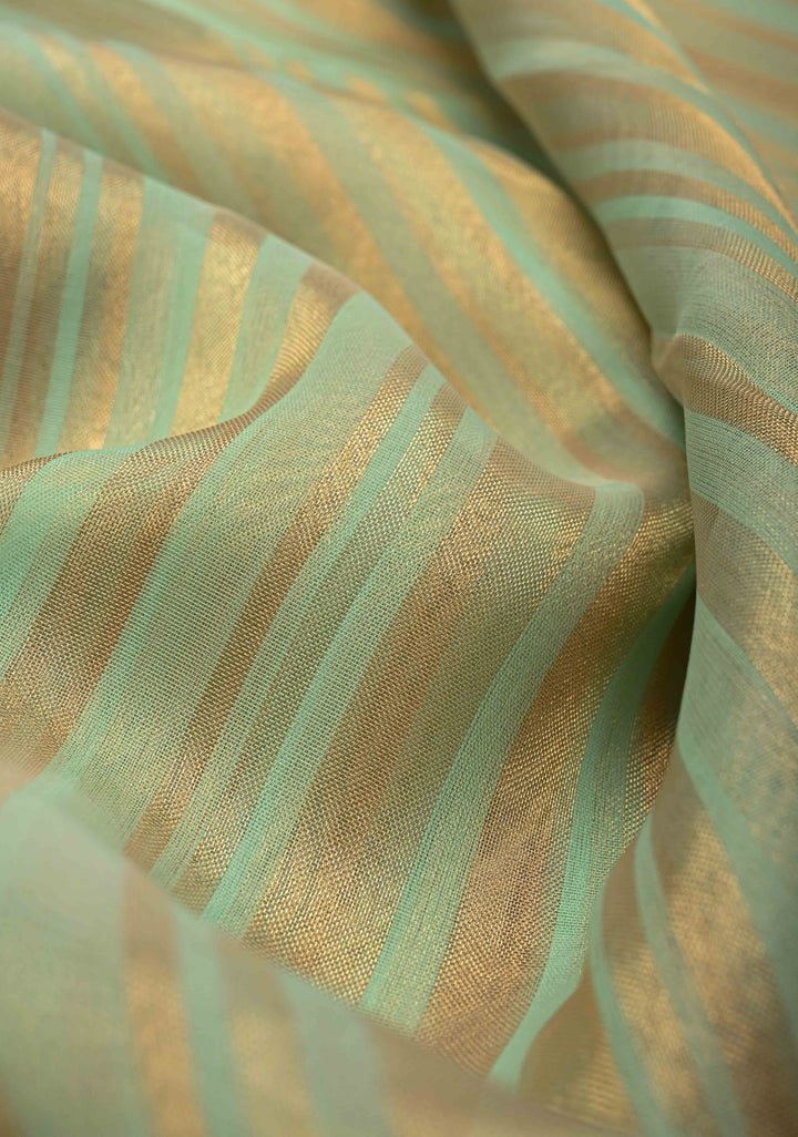 Dusty Pista Semi Kora Saree with Tissue Stripes and Minimal Zari Border