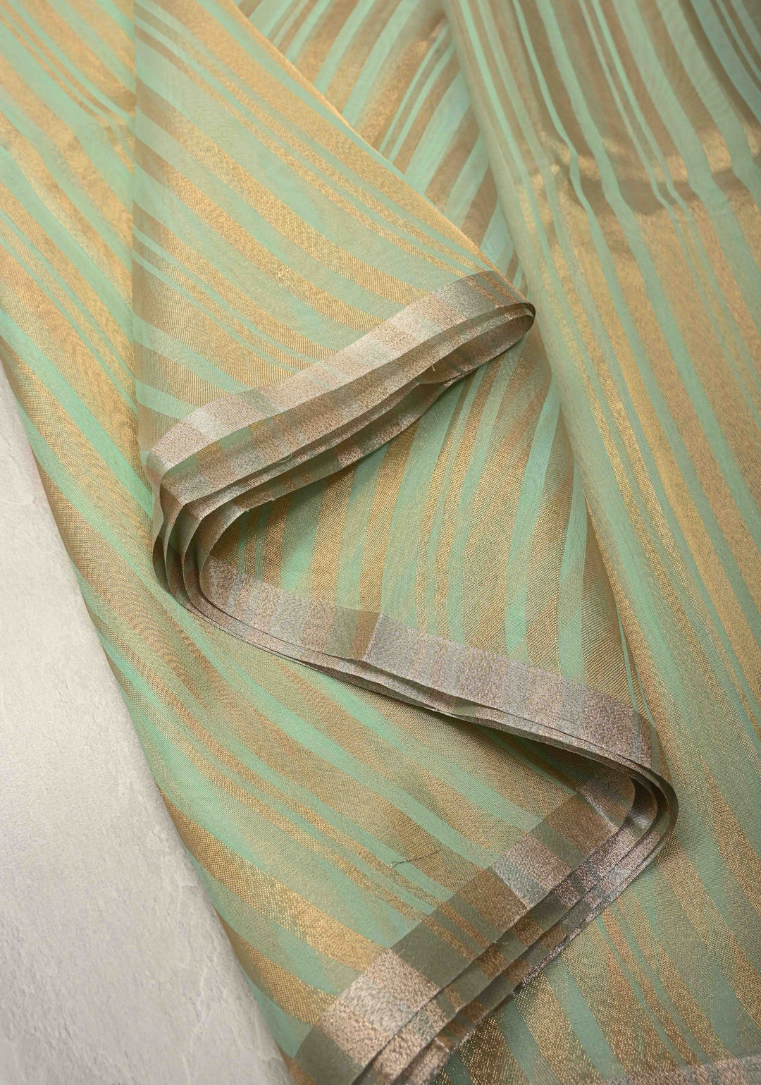 Dusty Pista Semi Kora Saree with Tissue Stripes and Minimal Zari Border