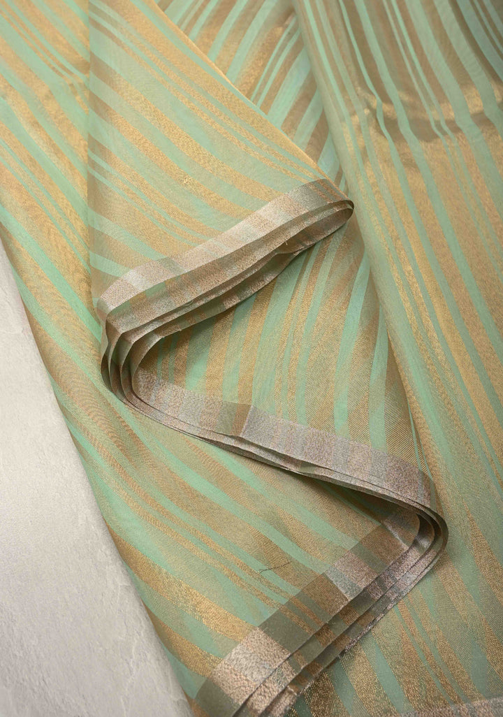 Dusty Pista Semi Kora Saree with Tissue Stripes and Minimal Zari Border