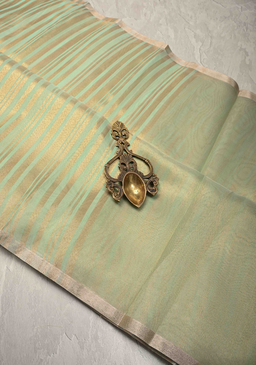 Dusty Pista Semi Kora Saree with Tissue Stripes and Minimal Zari Border