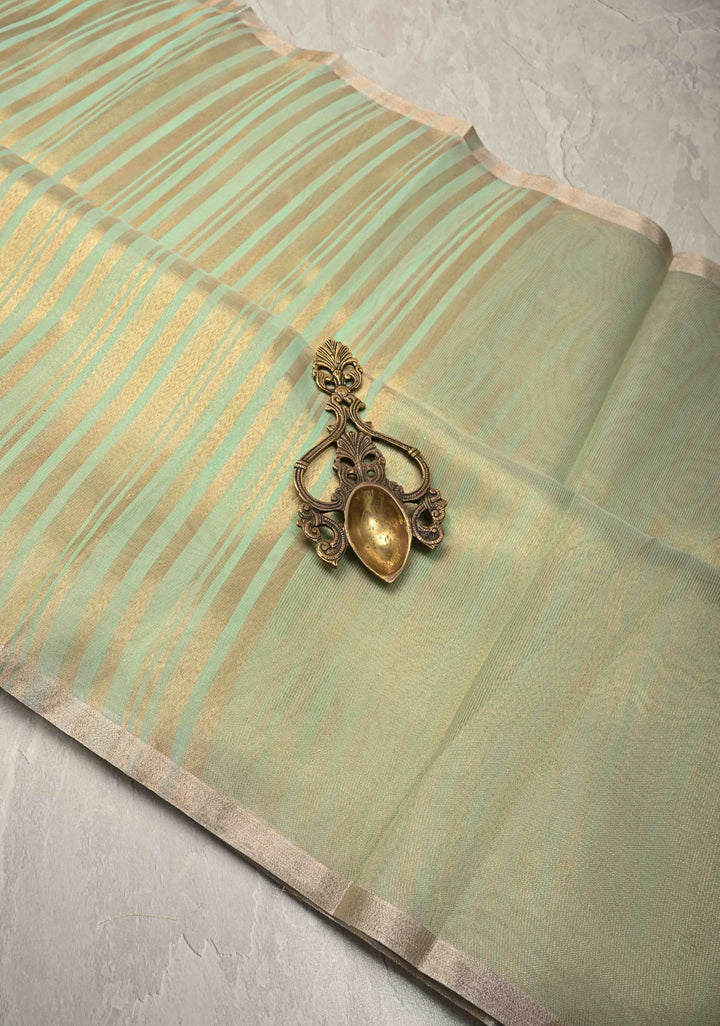 Dusty Pista Semi Kora Saree with Tissue Stripes and Minimal Zari Border