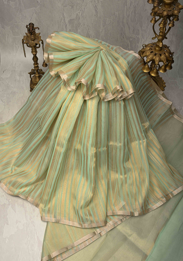 Dusty Pista Semi Kora Saree with Tissue Stripes and Minimal Zari Border