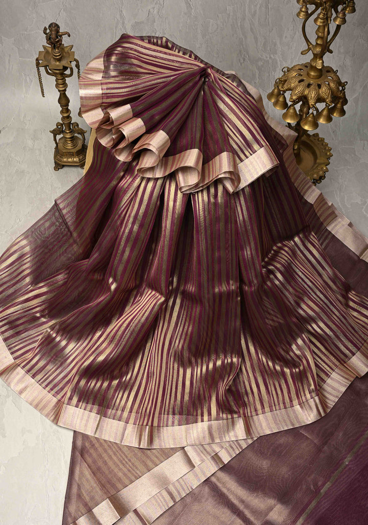 Deep Magenta Semi Kora Saree with Tissue Stripes and Zari Border