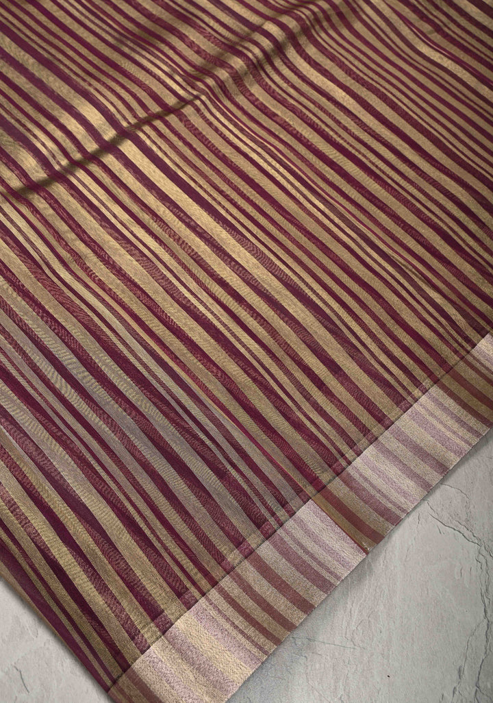 Deep Magenta Semi Kora Saree with Tissue Stripes and Zari Border