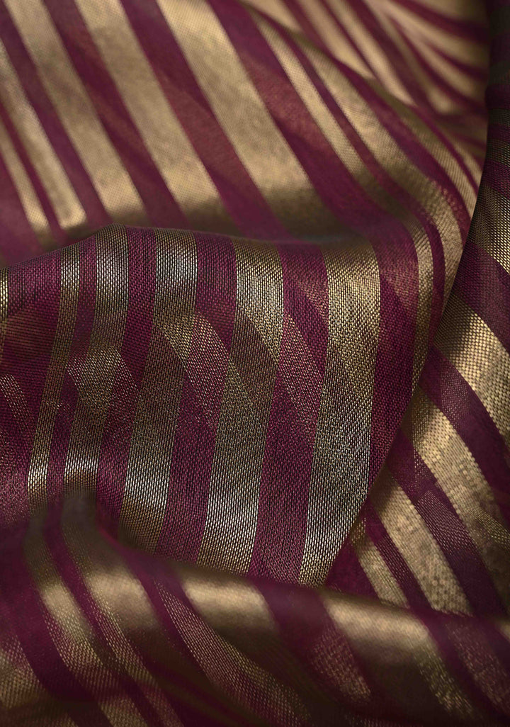 Deep Magenta Semi Kora Saree with Tissue Stripes and Zari Border