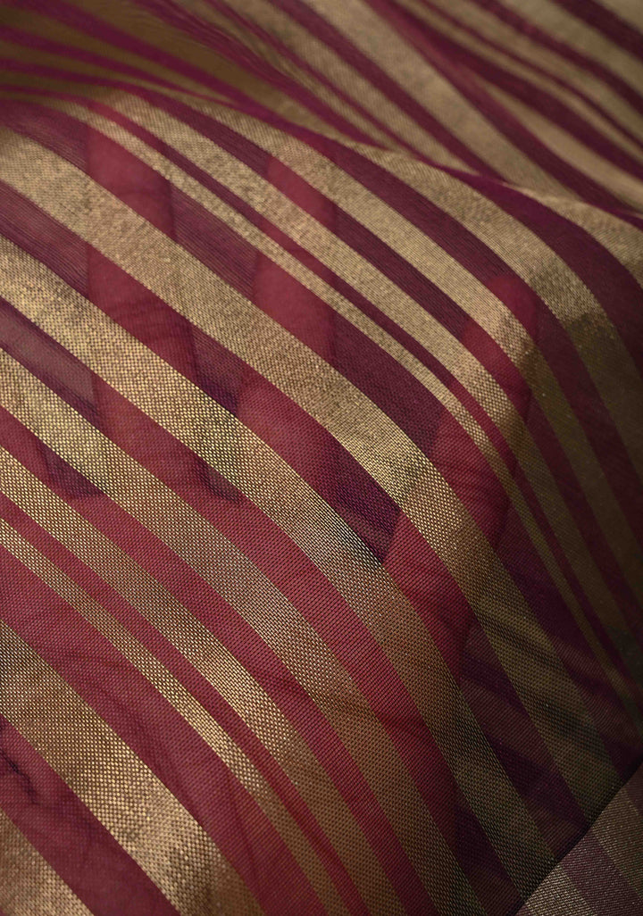Deep Magenta Semi Kora Saree with Tissue Stripes and Zari Border