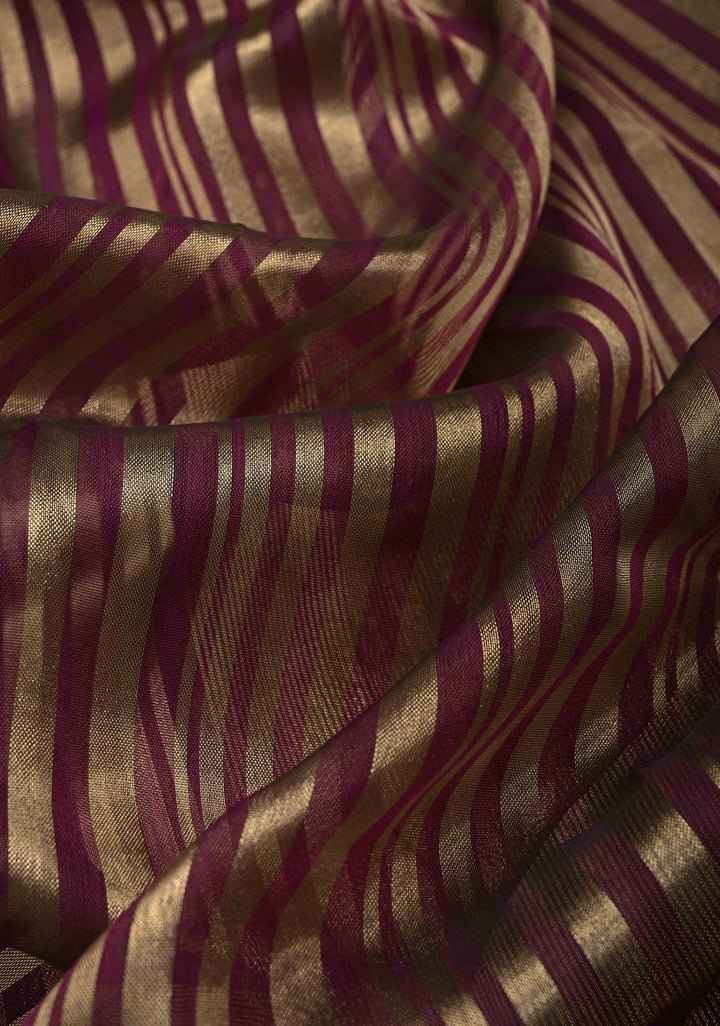 Deep Magenta Semi Kora Saree with Tissue Stripes and Zari Border