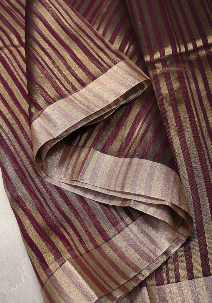 Deep Magenta Semi Kora Saree with Tissue Stripes and Zari Border