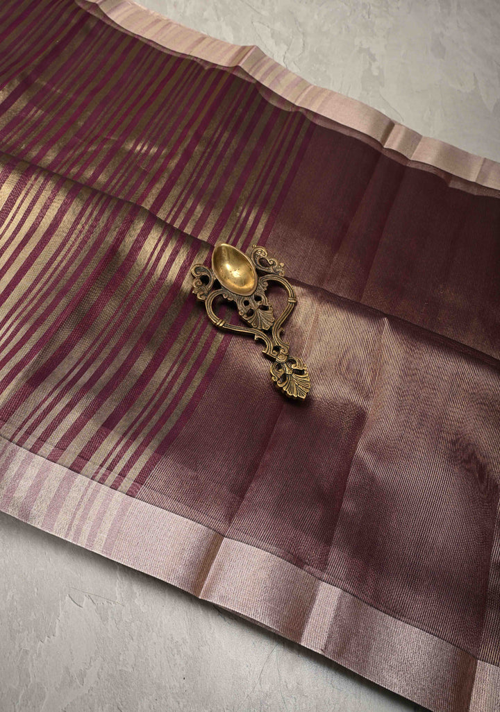 Deep Magenta Semi Kora Saree with Tissue Stripes and Zari Border