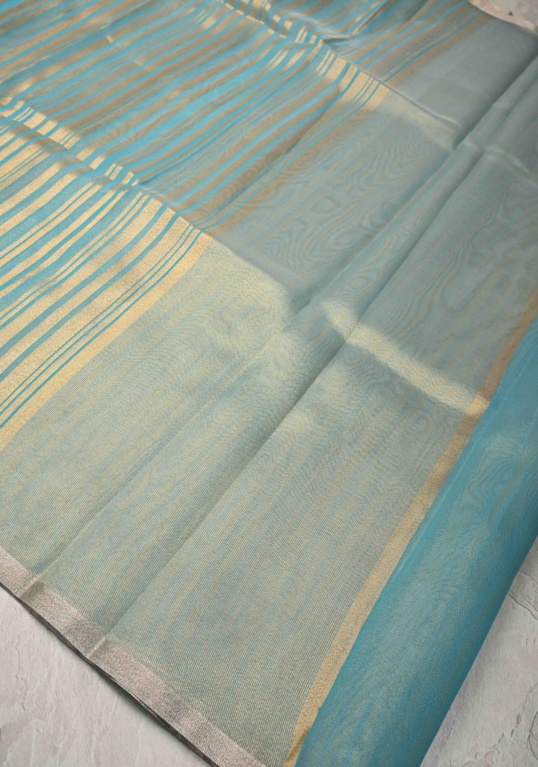Cyan Semi Kora Saree with Tissue Stripes and Minimal Zari Border