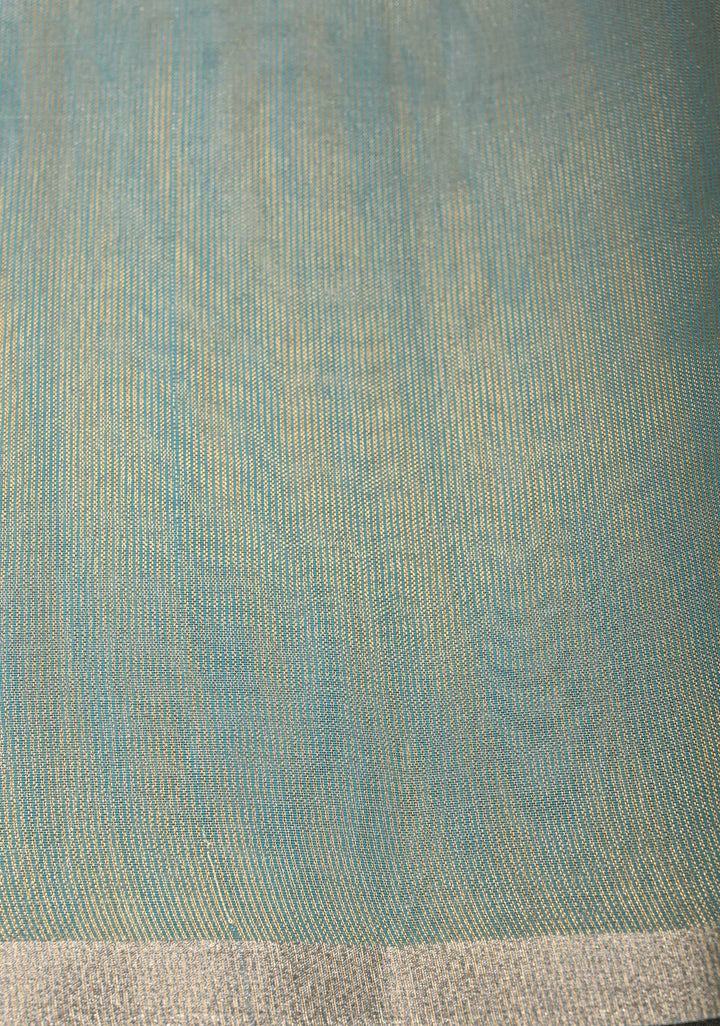 Cyan Semi Kora Saree with Tissue Stripes and Minimal Zari Border