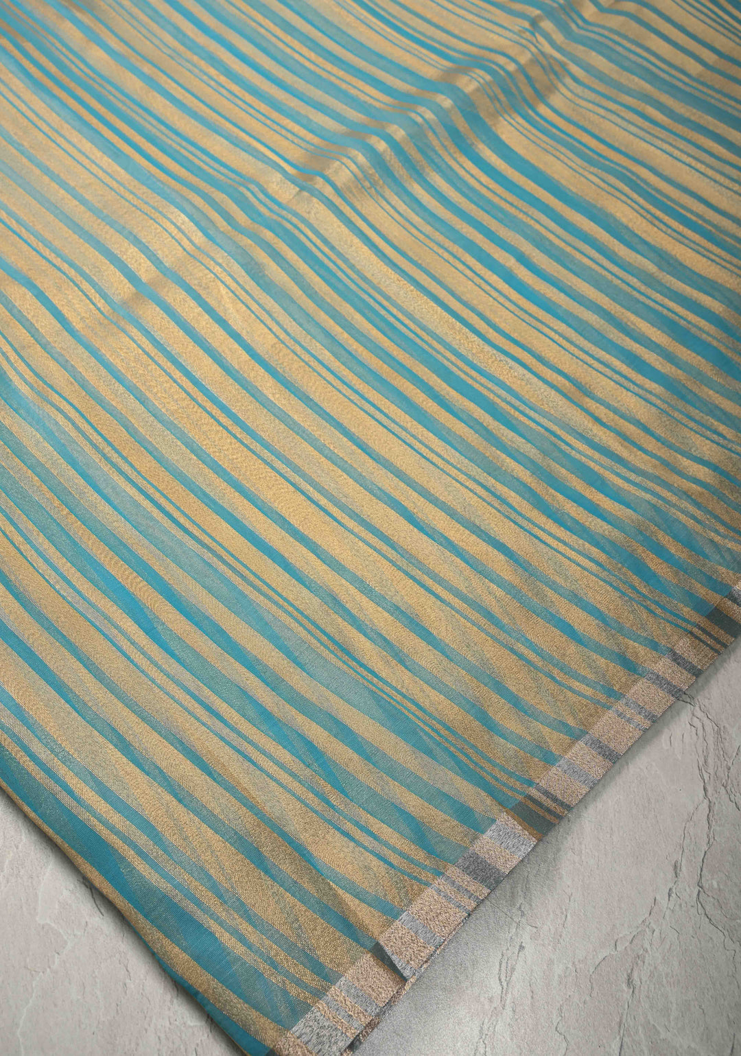 Cyan Semi Kora Saree with Tissue Stripes and Minimal Zari Border