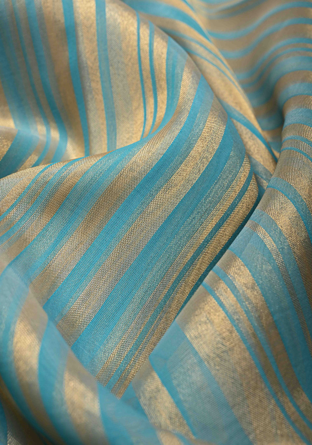 Cyan Semi Kora Saree with Tissue Stripes and Minimal Zari Border