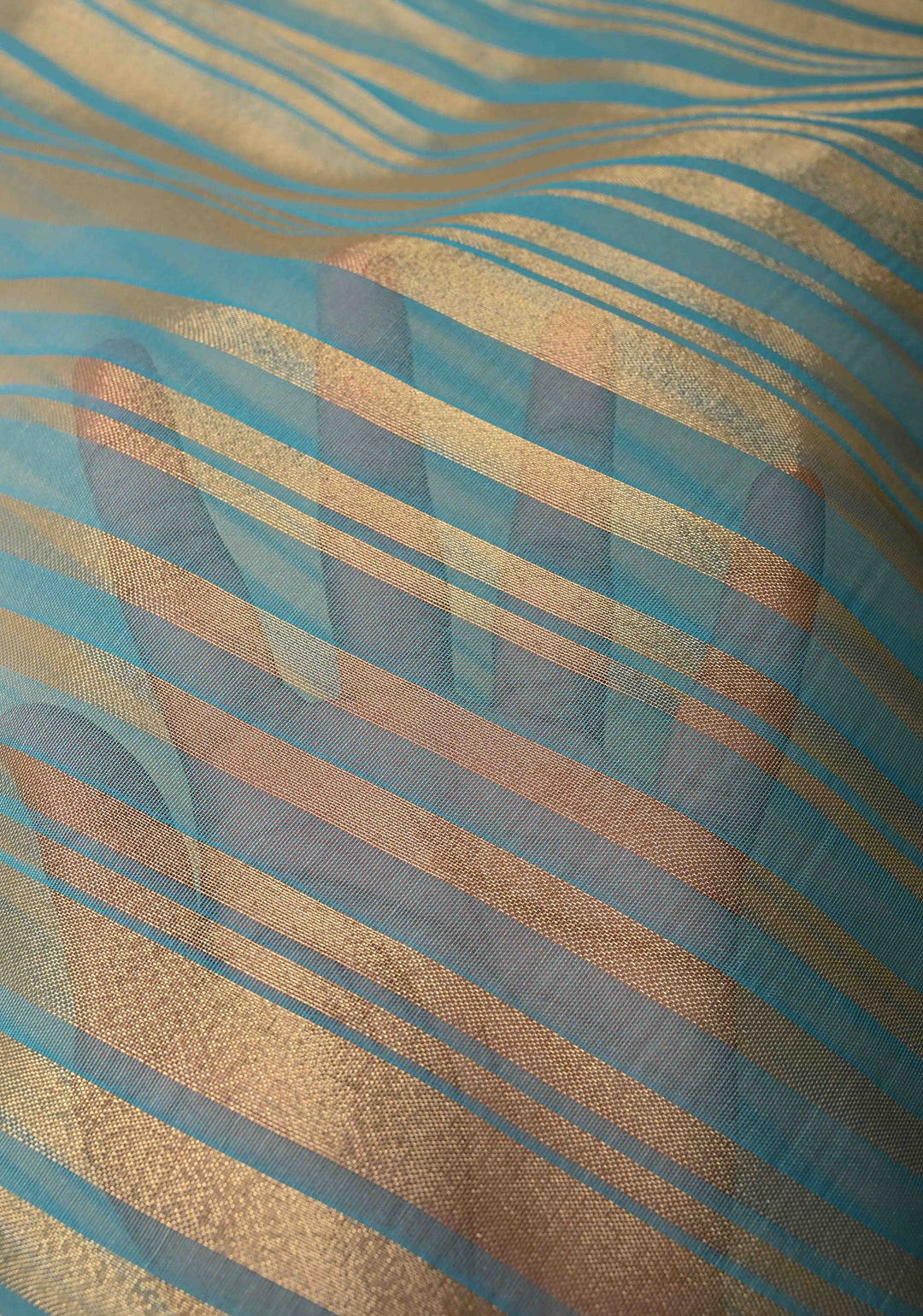 Cyan Semi Kora Saree with Tissue Stripes and Minimal Zari Border