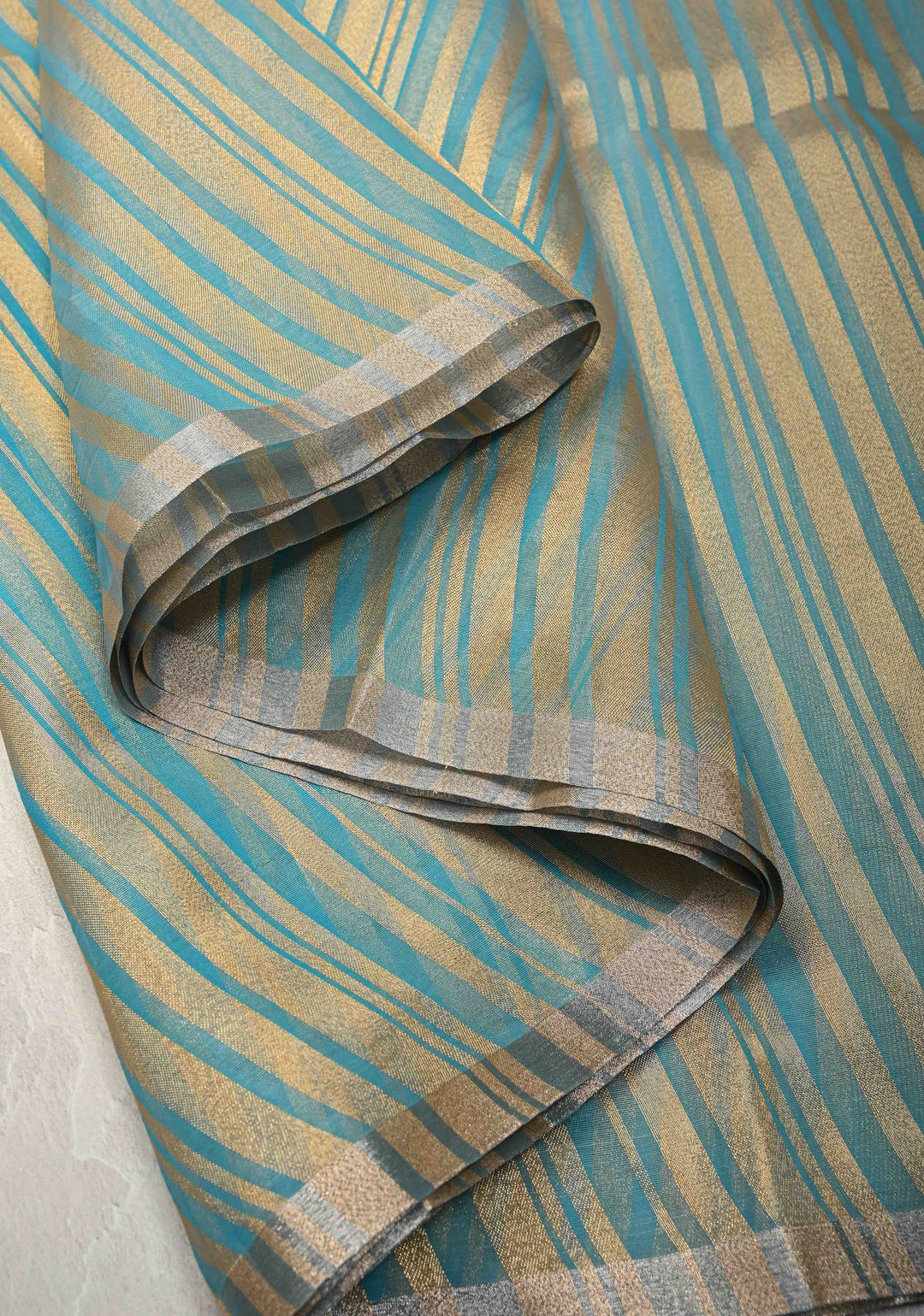 Cyan Semi Kora Saree with Tissue Stripes and Minimal Zari Border
