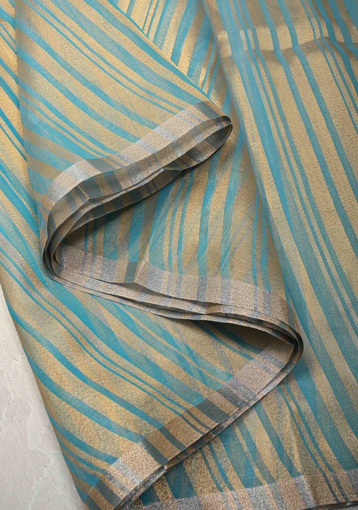 Cyan Semi Kora Saree with Tissue Stripes and Minimal Zari Border