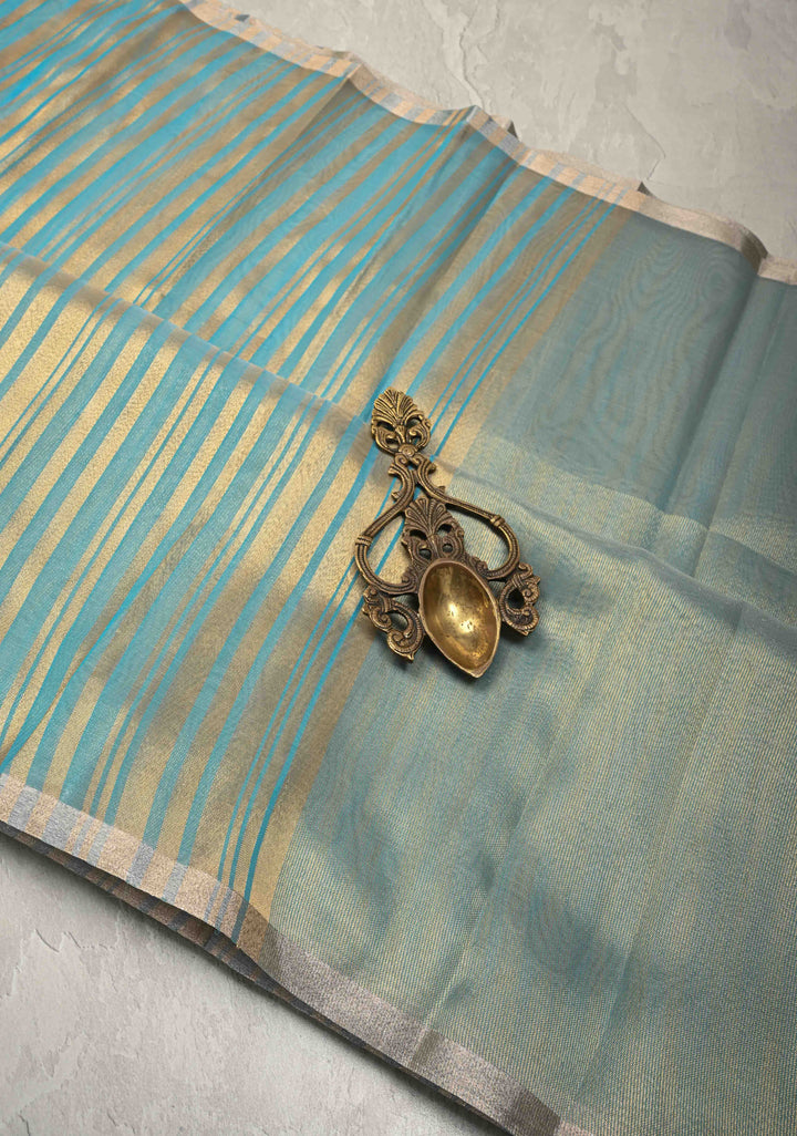 Cyan Semi Kora Saree with Tissue Stripes and Minimal Zari Border
