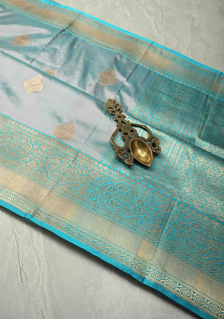 Gray-Blue Dual tone Banarasi Katan Silk Saree with Zari Buttas and Zari Border | SILK MARK CERTIFIED