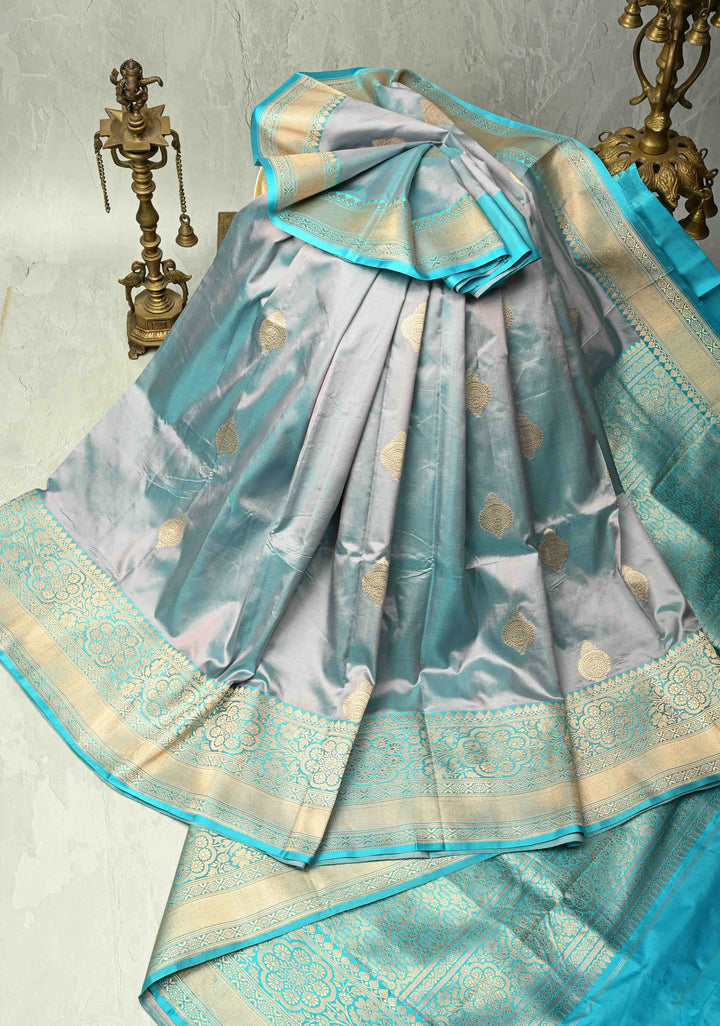 Gray-Blue Dual tone Banarasi Katan Silk Saree with Zari Buttas and Zari Border | SILK MARK CERTIFIED