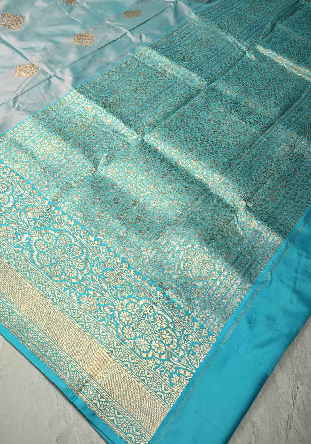 Gray-Blue Dual tone Banarasi Katan Silk Saree with Zari Buttas and Zari Border | SILK MARK CERTIFIED