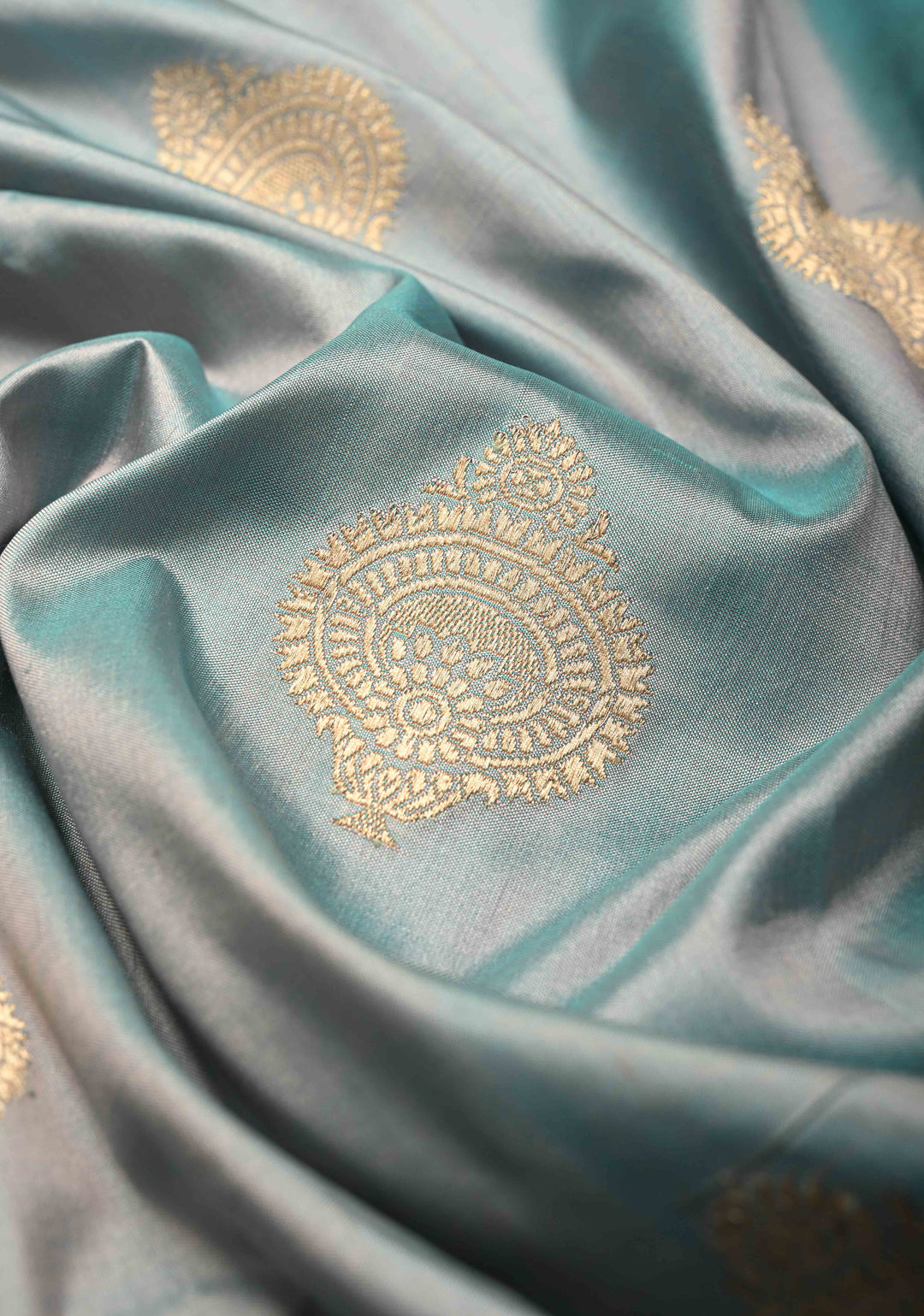 Gray-Blue Dual tone Banarasi Katan Silk Saree with Zari Buttas and Zari Border | SILK MARK CERTIFIED