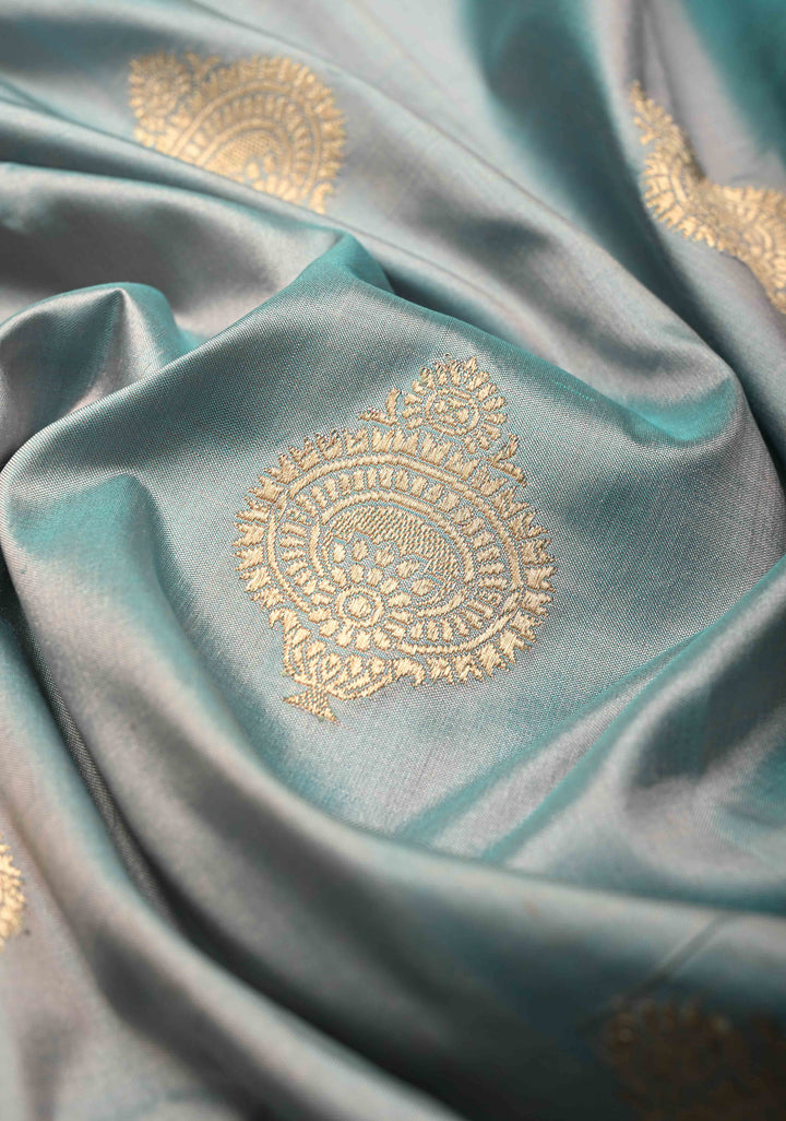 Gray-Blue Dual tone Banarasi Katan Silk Saree with Zari Buttas and Zari Border | SILK MARK CERTIFIED