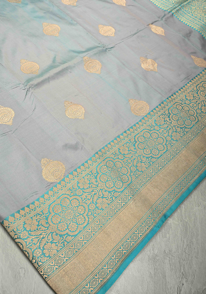 Gray-Blue Dual tone Banarasi Katan Silk Saree with Zari Buttas and Zari Border | SILK MARK CERTIFIED