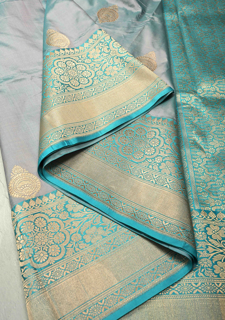 Gray-Blue Dual tone Banarasi Katan Silk Saree with Zari Buttas and Zari Border | SILK MARK CERTIFIED