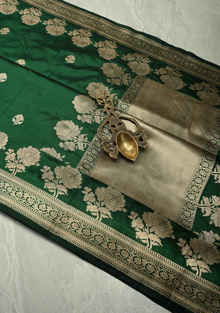 Bottle Green Banarasi Katan Silk Saree with Zari Buttas and Rose Zari Border | SILK MARK CERTIFIED