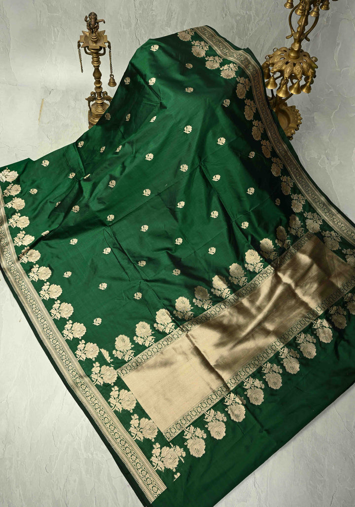 Bottle Green Banarasi Katan Silk Saree with Zari Buttas and Rose Zari Border | SILK MARK CERTIFIED