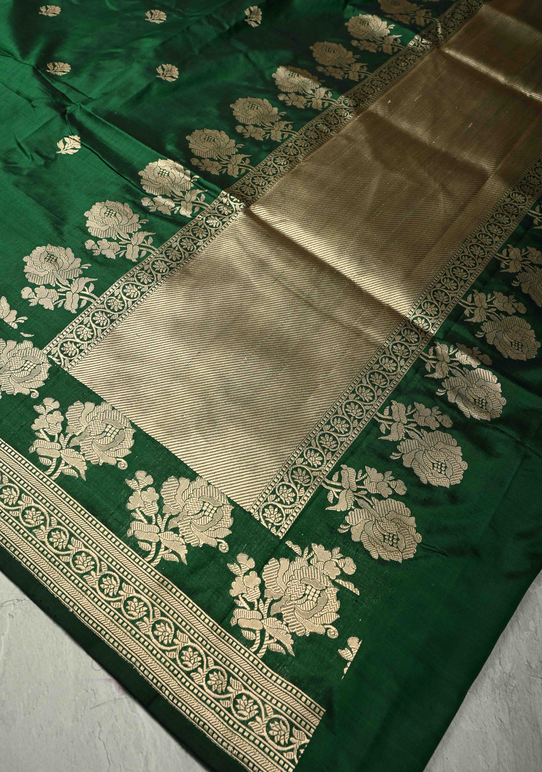 Bottle Green Banarasi Katan Silk Saree with Zari Buttas and Rose Zari Border | SILK MARK CERTIFIED