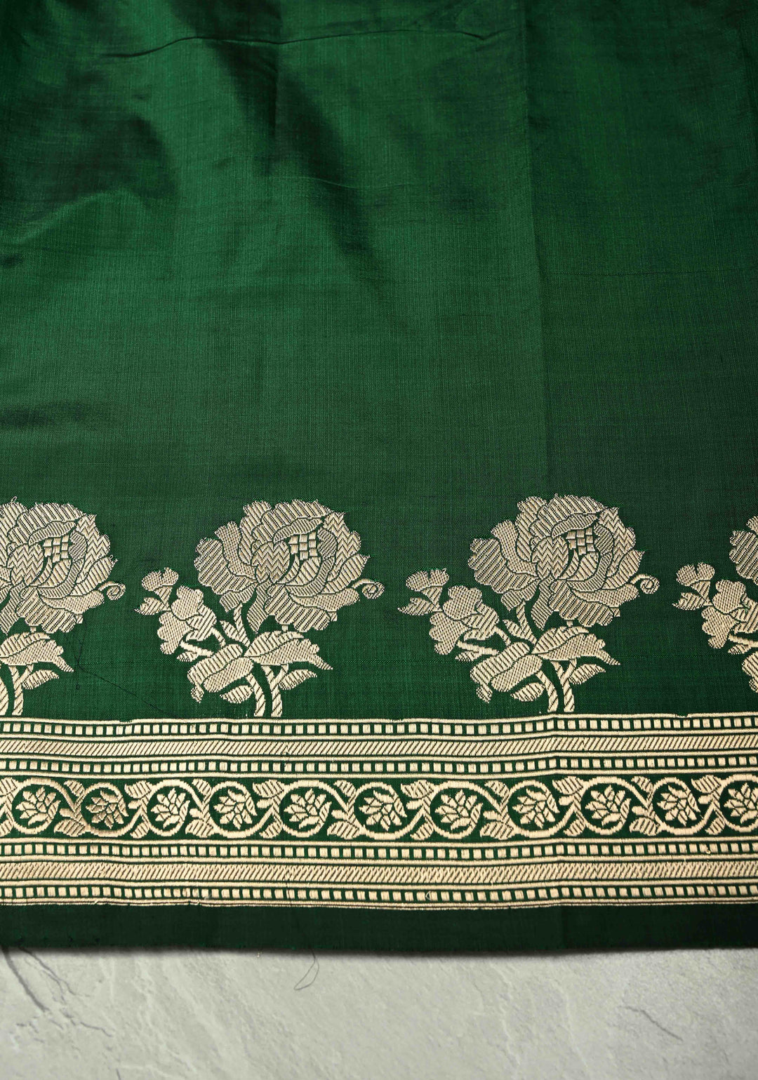 Bottle Green Banarasi Katan Silk Saree with Zari Buttas and Rose Zari Border | SILK MARK CERTIFIED