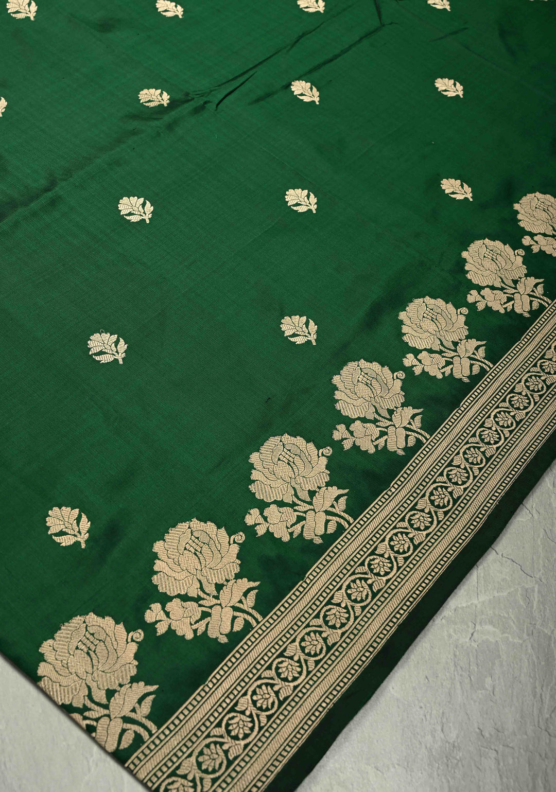 Bottle Green Banarasi Katan Silk Saree with Zari Buttas and Rose Zari Border | SILK MARK CERTIFIED