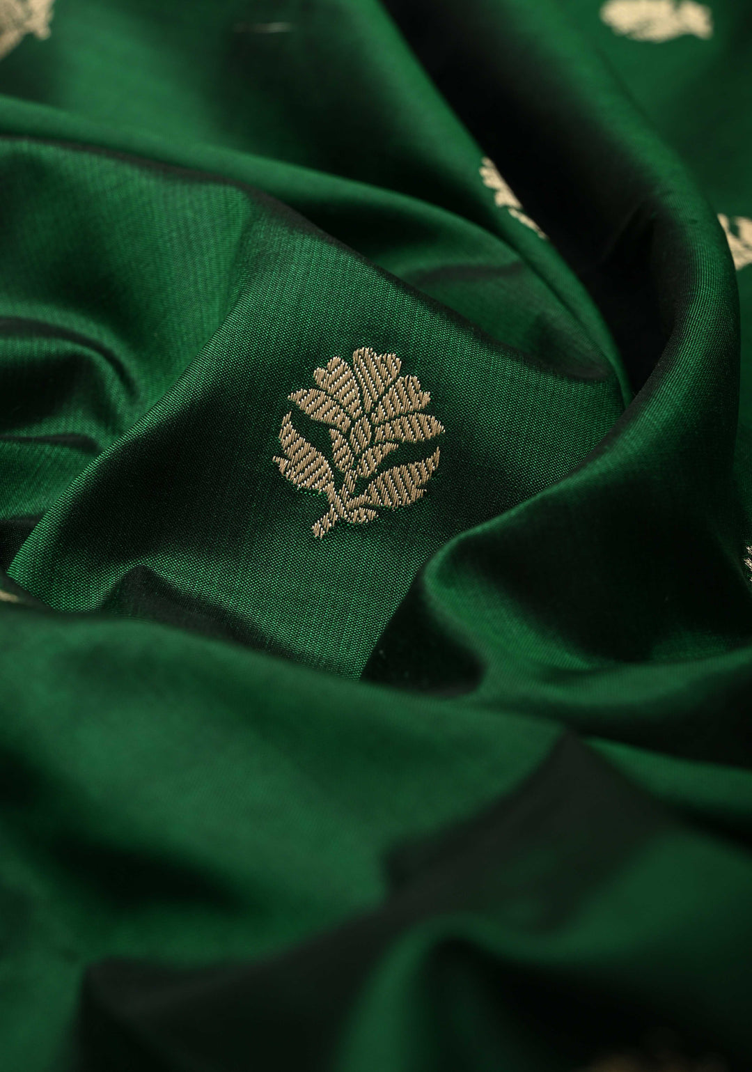 Bottle Green Banarasi Katan Silk Saree with Zari Buttas and Rose Zari Border | SILK MARK CERTIFIED