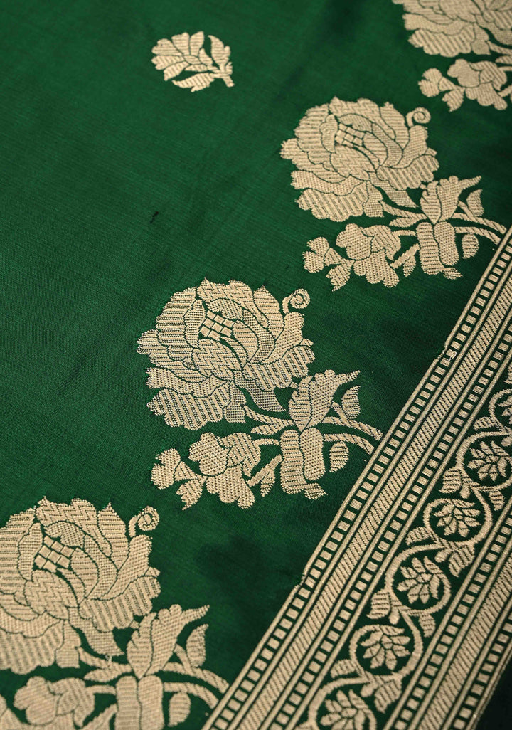 Bottle Green Banarasi Katan Silk Saree with Zari Buttas and Rose Zari Border | SILK MARK CERTIFIED