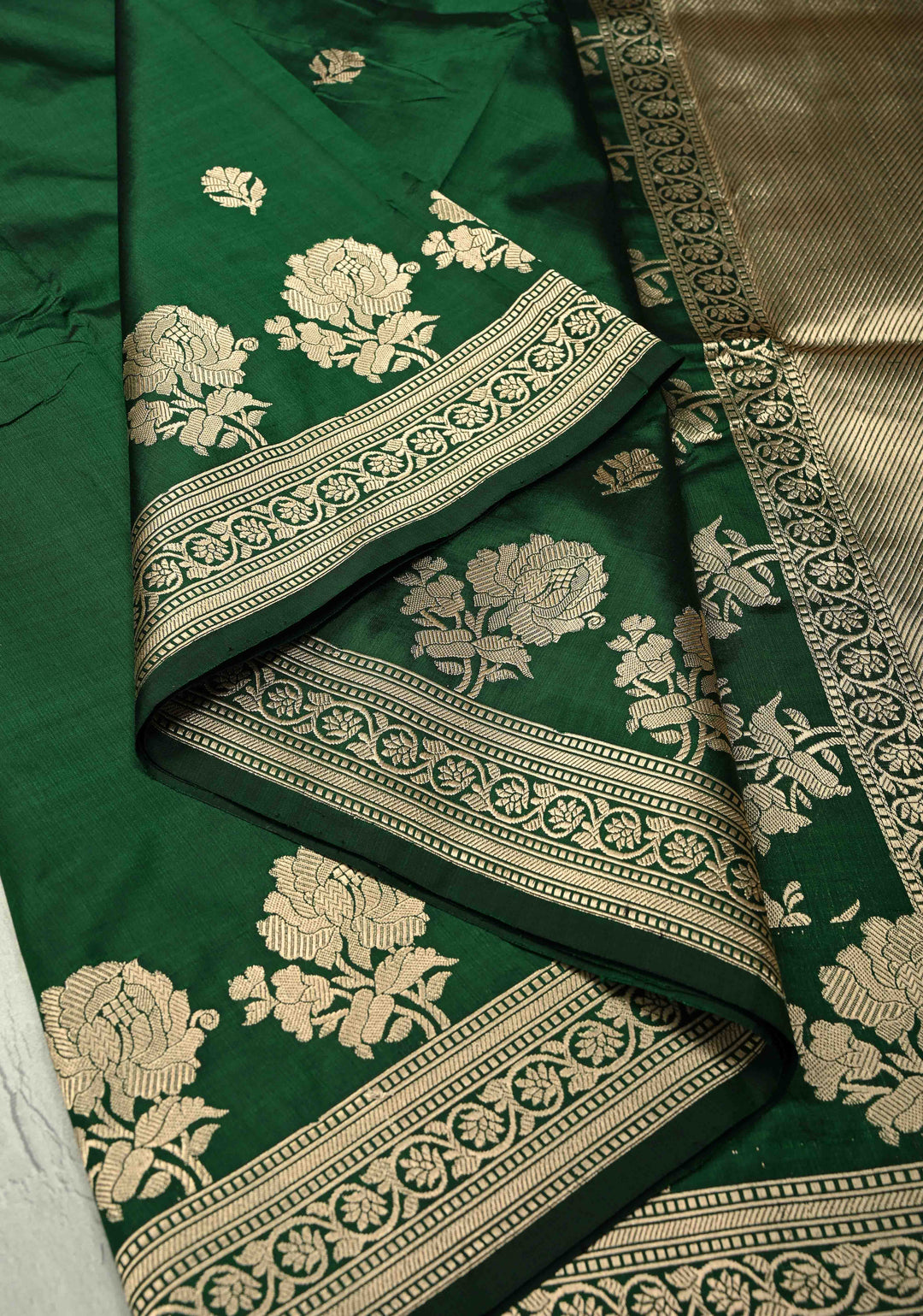 Bottle Green Banarasi Katan Silk Saree with Zari Buttas and Rose Zari Border | SILK MARK CERTIFIED