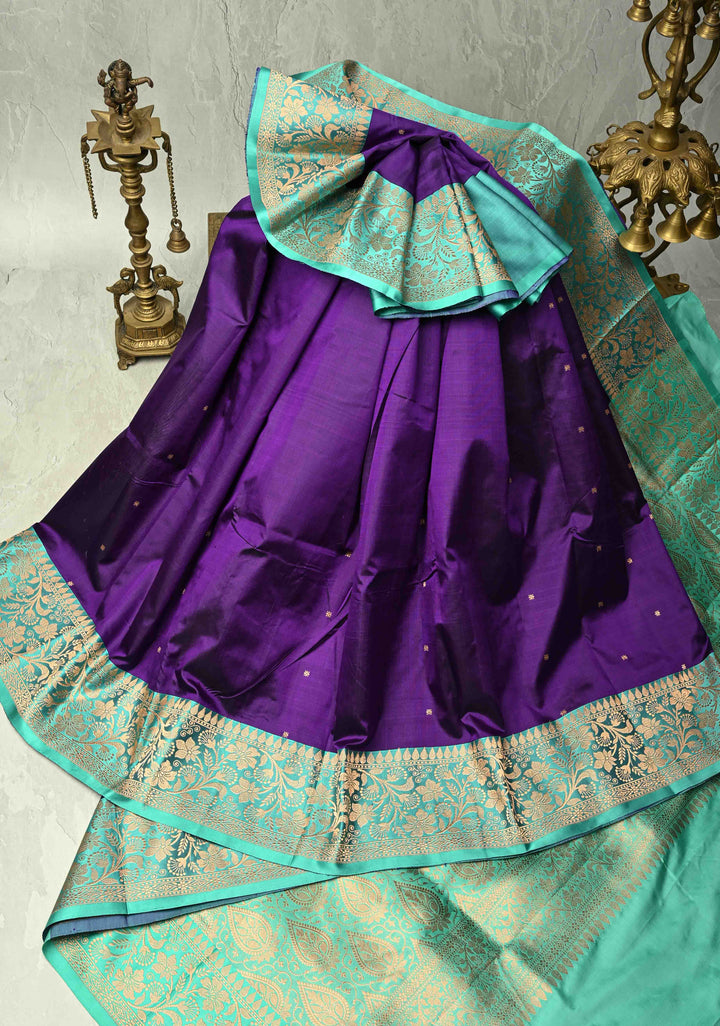 Ink Purple Banarasi Katan Silk Saree with Chunri Buttis and Contrast Zari Border | SILK MARK CERTIFIED