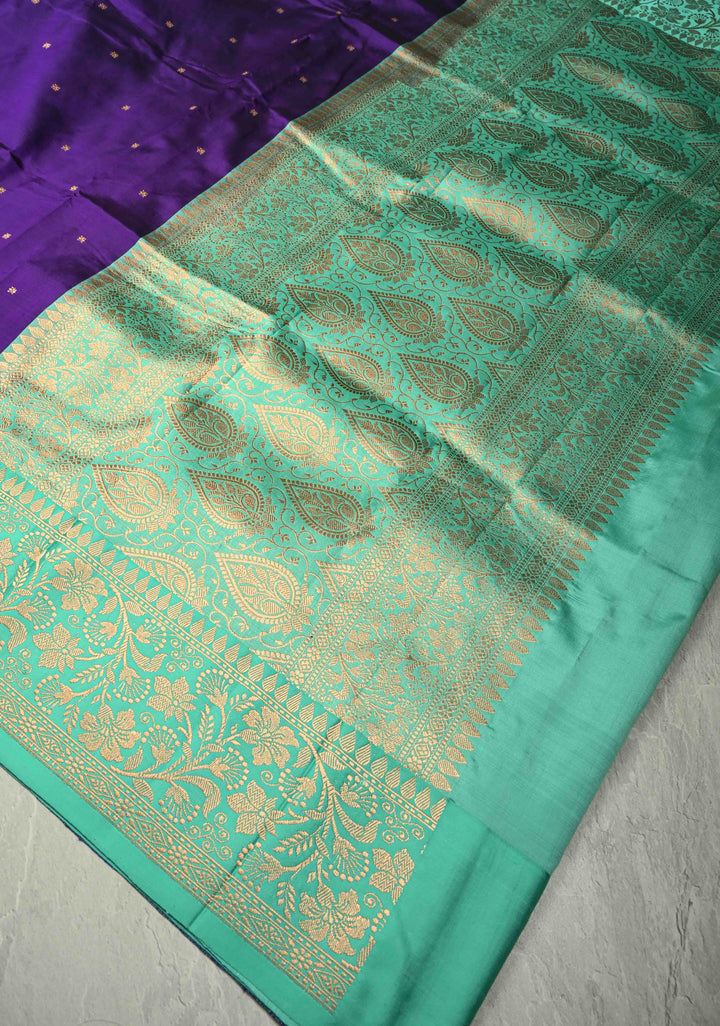 Ink Purple Banarasi Katan Silk Saree with Chunri Buttis and Contrast Zari Border | SILK MARK CERTIFIED