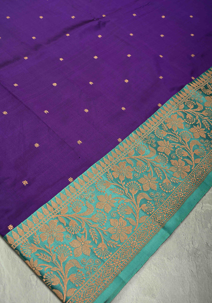 Ink Purple Banarasi Katan Silk Saree with Chunri Buttis and Contrast Zari Border | SILK MARK CERTIFIED