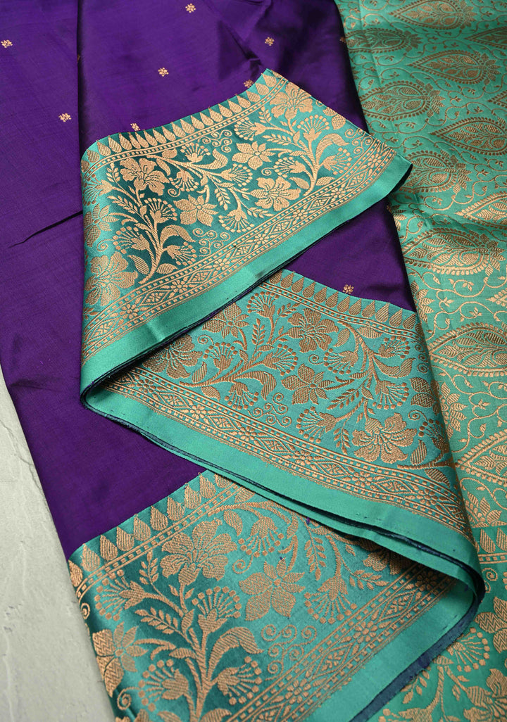 Ink Purple Banarasi Katan Silk Saree with Chunri Buttis and Contrast Zari Border | SILK MARK CERTIFIED