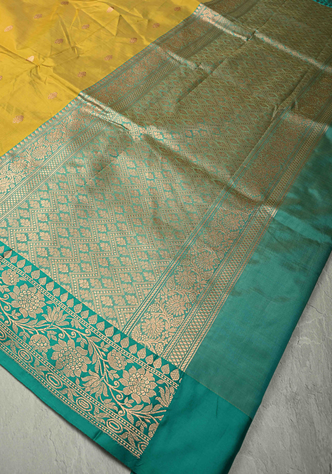 Frost Mustard Yellow Banarasi Katan Silk Saree with Zari Buttas and Contrast Zari Border | SILK MARK CERTIFIED