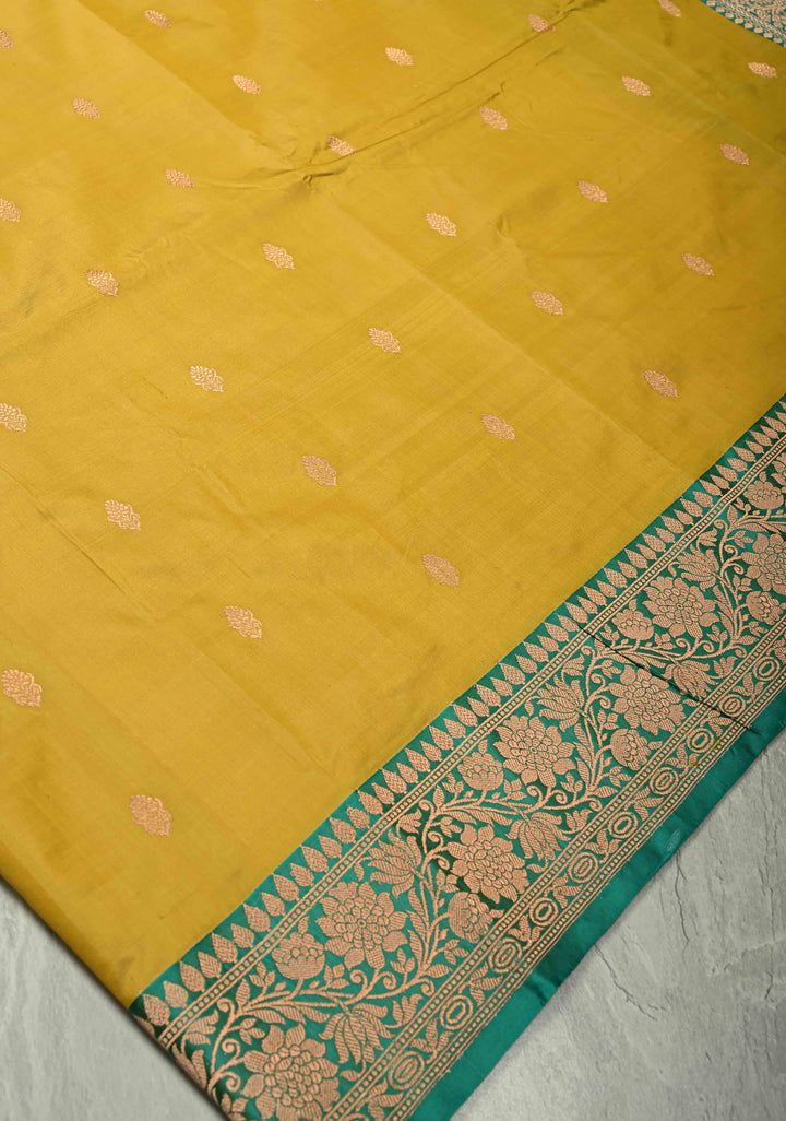 Frost Mustard Yellow Banarasi Katan Silk Saree with Zari Buttas and Contrast Zari Border | SILK MARK CERTIFIED