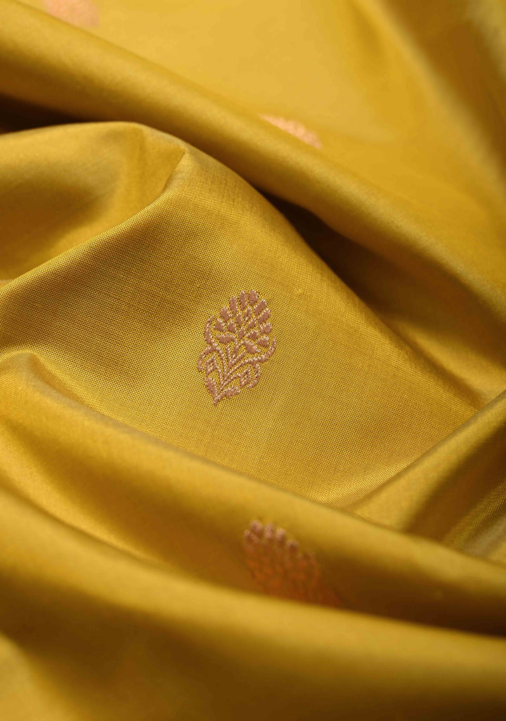 Frost Mustard Yellow Banarasi Katan Silk Saree with Zari Buttas and Contrast Zari Border | SILK MARK CERTIFIED