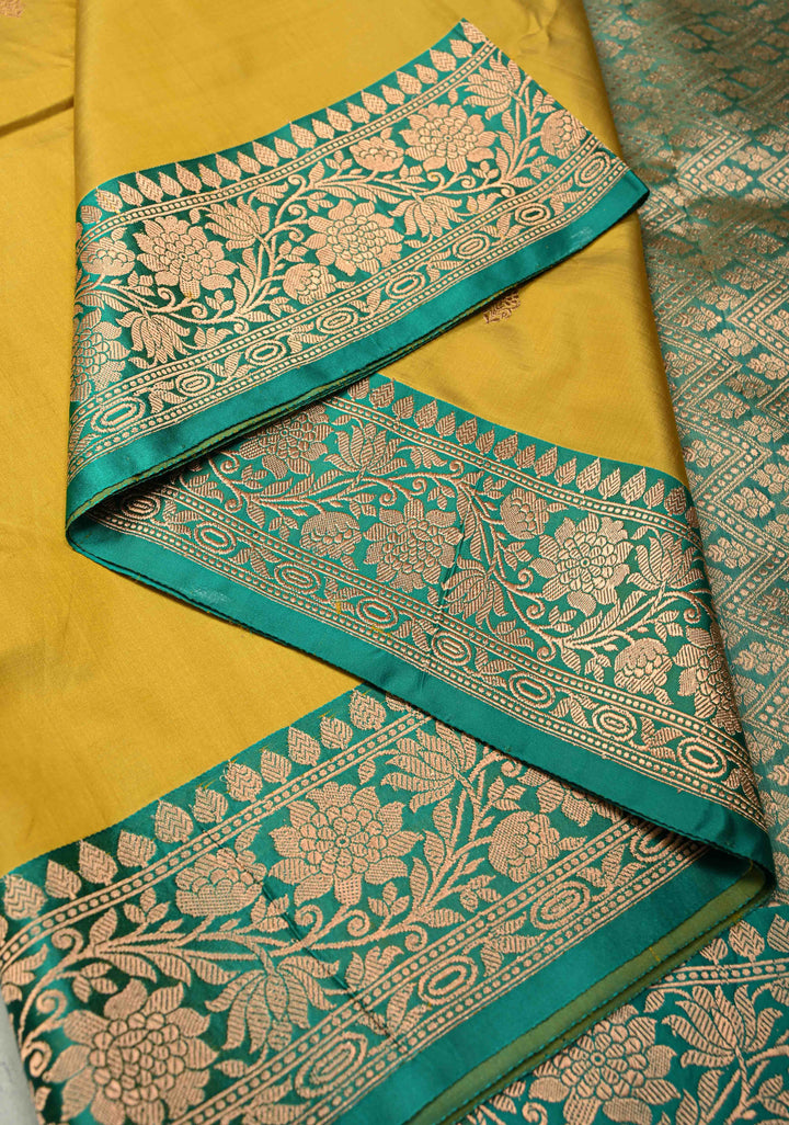 Frost Mustard Yellow Banarasi Katan Silk Saree with Zari Buttas and Contrast Zari Border | SILK MARK CERTIFIED